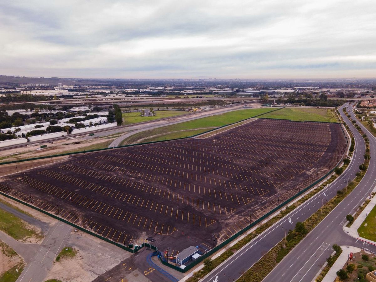 Drone view of the RV Storage Depot Irvine lot at the Great Park, newly paved and striped before opening.